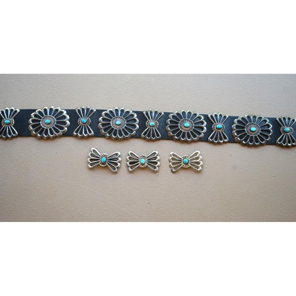 Accessories - Vintage Louise Morgan Navajo Sterling Silver Sand Cast Turquoise Concho Belt